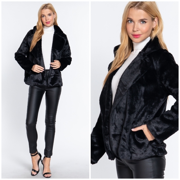 Sophisticated Chic Classic Black Faux Fur Open Coat - Picture 2 of 7